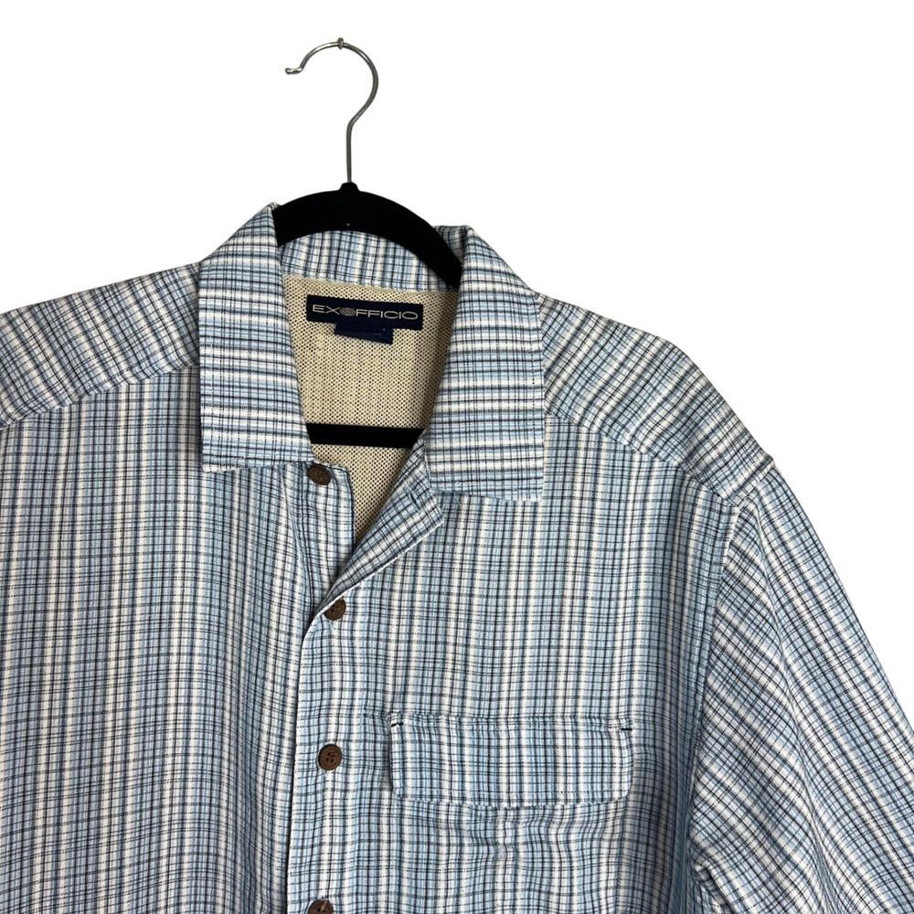 Exofficio Short Sleeve Shirt Mens Size M Plaid‎ Vented Fishing Lightweight Blue